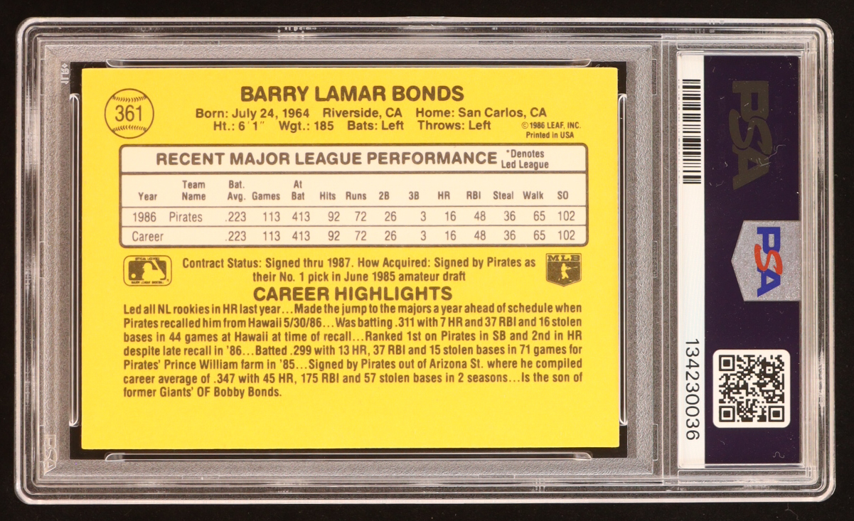 Barry Bonds 1987 Donruss #361 RC (PSA 9) at PristineAuction.com Barry Bonds 1987 Donruss #361 RC (PSA 9) at PristineAuction.com