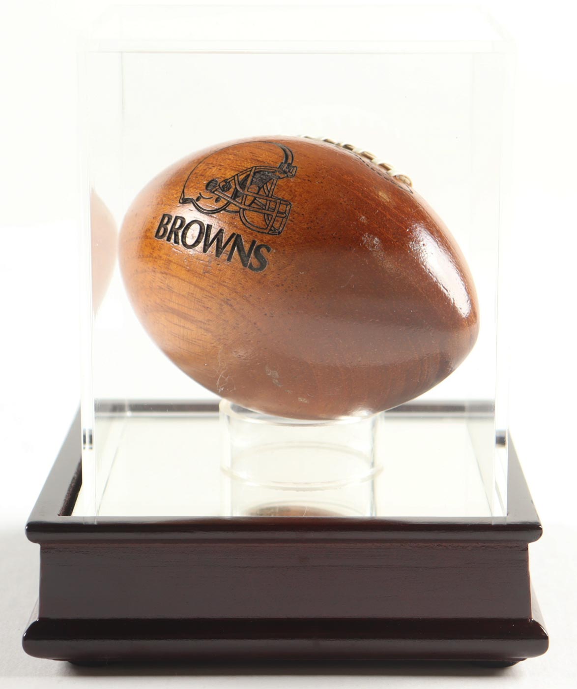 Cleveland Browns Vintage NFL Mini Wooden Football with Display Case at PristineAuction.com Cleveland Browns Vintage NFL Mini Wooden Football with Display Case at PristineAuction.com