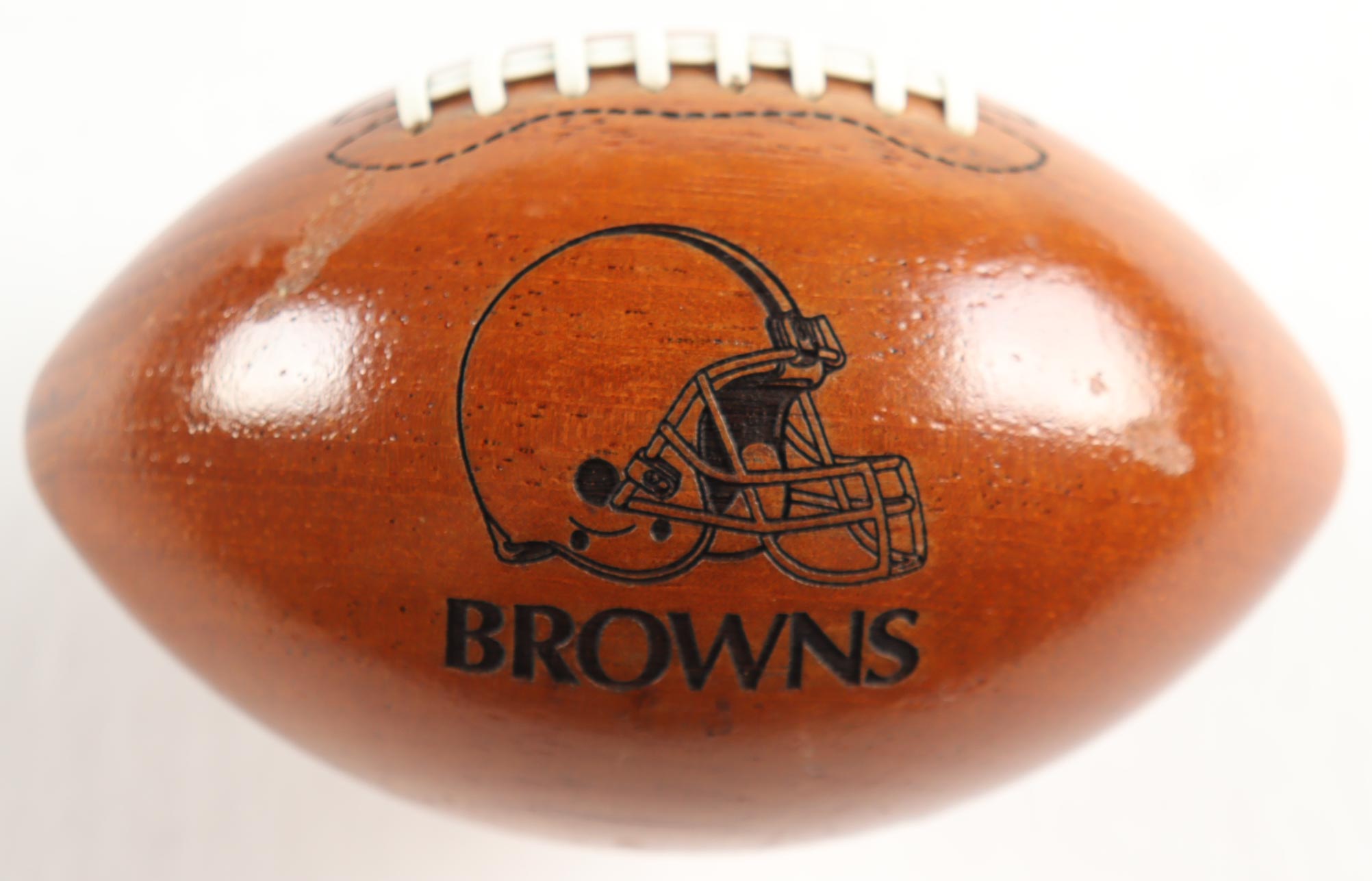 Cleveland Browns Vintage NFL Mini Wooden Football with Display Case at PristineAuction.com Cleveland Browns Vintage NFL Mini Wooden Football with Display Case at PristineAuction.com