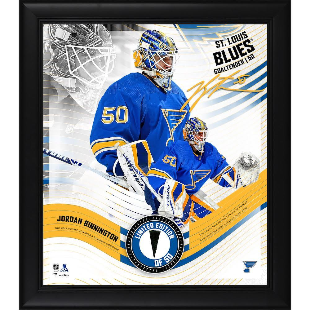 Jordan Binnington LE Blues Custom Framed Game-Used Puck Piece Display at PristineAuction.com