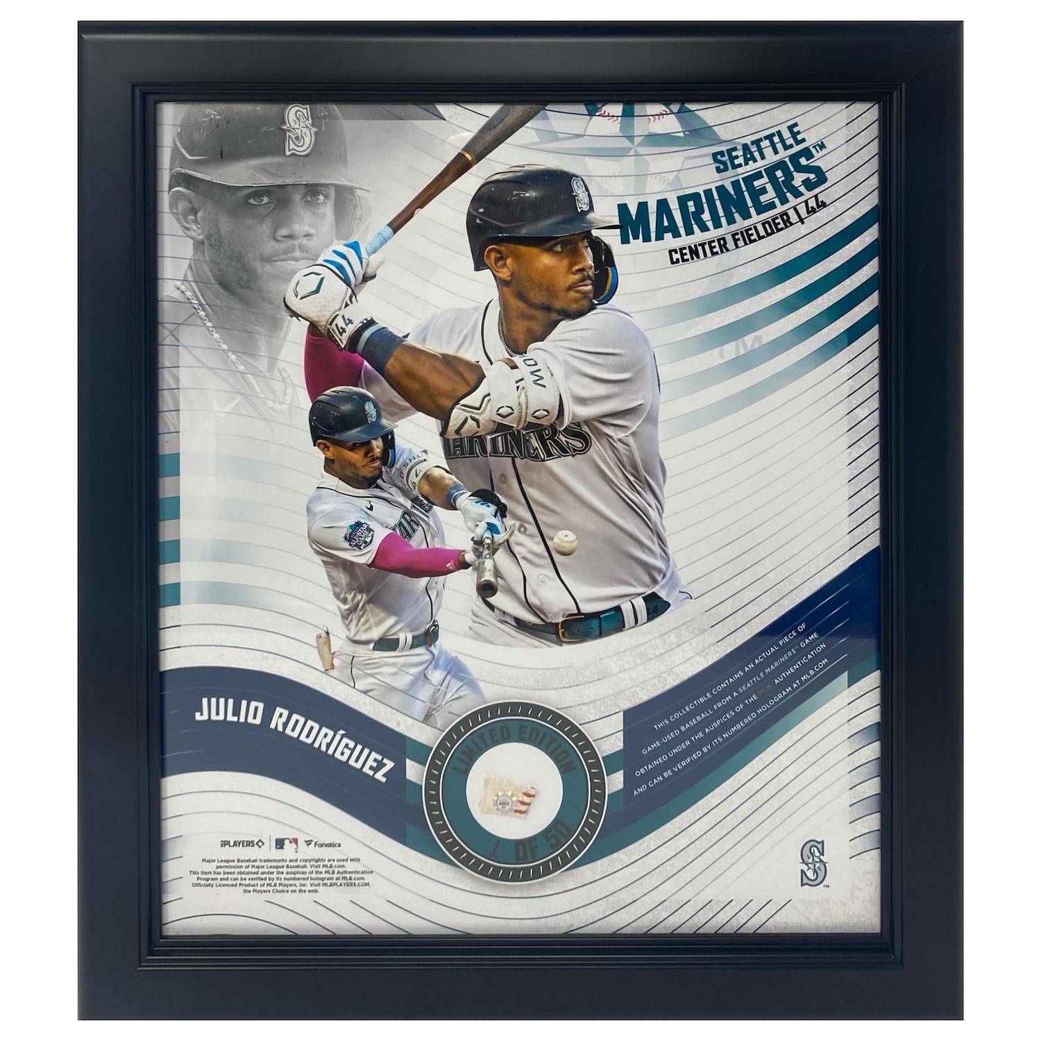 Julio Rodriguez Mariners LE Custom Framed Photo Display with Piece of Game-Used Baseball (MLB) at PristineAuction.com Julio Rodriguez Mariners LE Custom Framed Photo Display with Piece of Game-Used Baseball (MLB) at PristineAuction.com