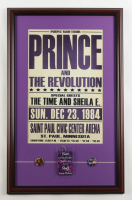 Prince & the Revolution "Purple Rain Tour" Custom Framed Concert Poster Display with 1985 Backstage Pass & (2) Vintage Prince Concert Pins at PristineAuction.com