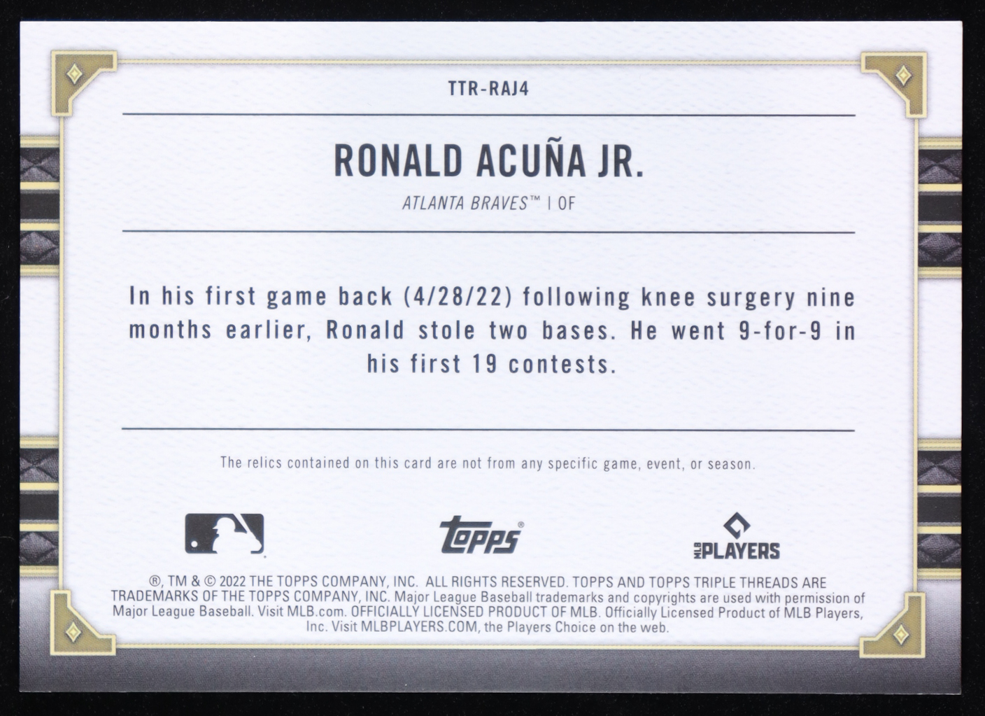 Ronald Acuna Jr. 2022 Topps Triple Threads Relics Amethyst #TTRRAJ4 #18/27 at PristineAuction.com Ronald Acuna Jr. 2022 Topps Triple Threads Relics Amethyst #TTRRAJ4 #18/27 at PristineAuction.com