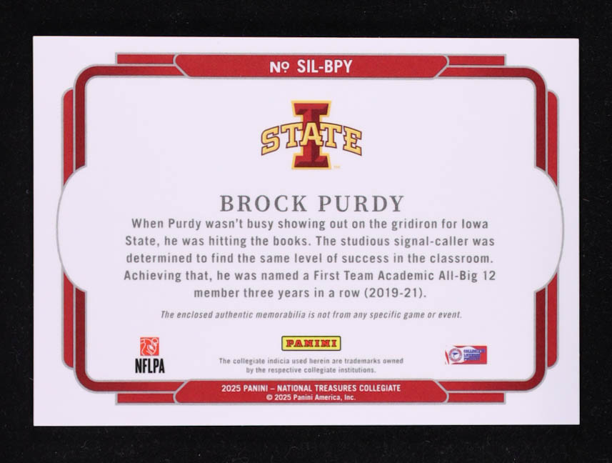 Brock Purdy 2025 Panini National Treasures Collegiate Silhouettes Silver #6 #20/39 at PristineAuction.com Brock Purdy 2025 Panini National Treasures Collegiate Silhouettes Silver #6 #20/39 at PristineAuction.com