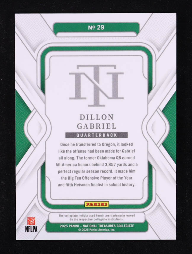 Dillon Gabriel 2025 Panini National Treasures Collegiate Century Emerald #29 #1/5 RC at PristineAuction.com Dillon Gabriel 2025 Panini National Treasures Collegiate Century Emerald #29 #1/5 RC at PristineAuction.com