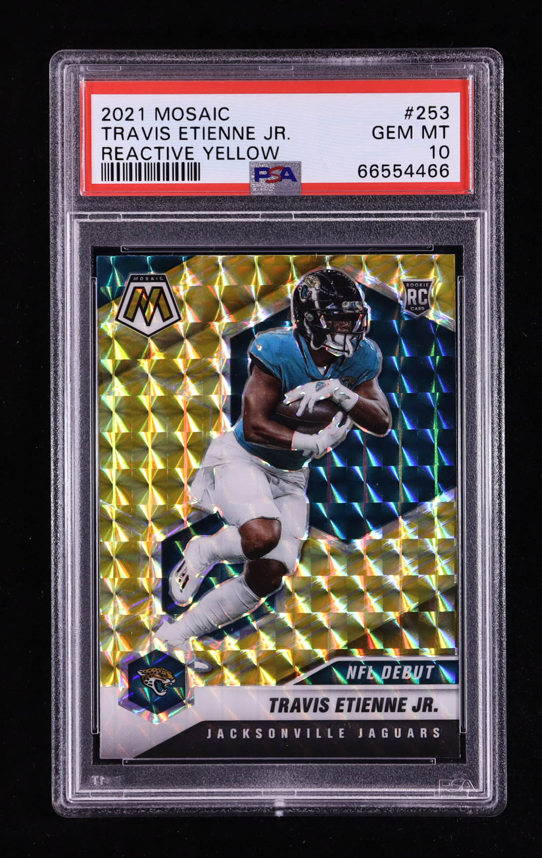 Travis Etienne Jr. 2021 Panini Mosaic Mosaic Reactive Yellow #253 DEB RC (PSA 10) at PristineAuction.com Travis Etienne Jr. 2021 Panini Mosaic Mosaic Reactive Yellow #253 DEB RC (PSA 10) at PristineAuction.com
