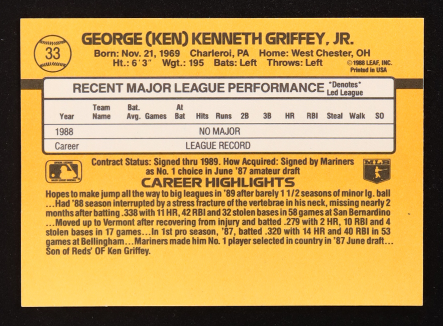 Ken Griffey Jr. 1989 Donruss #33 UER/Born in Donora, PA RR RC at PristineAuction.com Ken Griffey Jr. 1989 Donruss #33 UER/Born in Donora, PA RR RC at PristineAuction.com