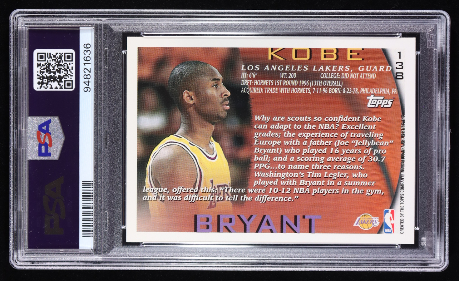 Kobe Bryant 1996-97 Topps #138 RC (PSA 9) at PristineAuction.com Kobe Bryant 1996-97 Topps #138 RC (PSA 9) at PristineAuction.com