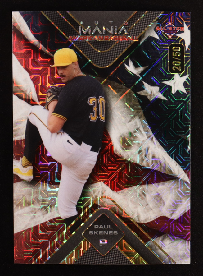 Paul Skenes 2024 Wild Card Auto Mania American Baseball American Flag Mojo #AMAT-PS #20/50 RC at PristineAuction.com Paul Skenes 2024 Wild Card Auto Mania American Baseball American Flag Mojo #AMAT-PS #20/50 RC at PristineAuction.com