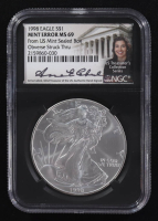 Mint Error 1986-(S) American Silver Eagle $1 Coin Struck at San Francisco Obverse Struck Thru Black Core Holder - Anna Escobedo Cabral Signed Label (NGC MS69) at PristineAuction.com