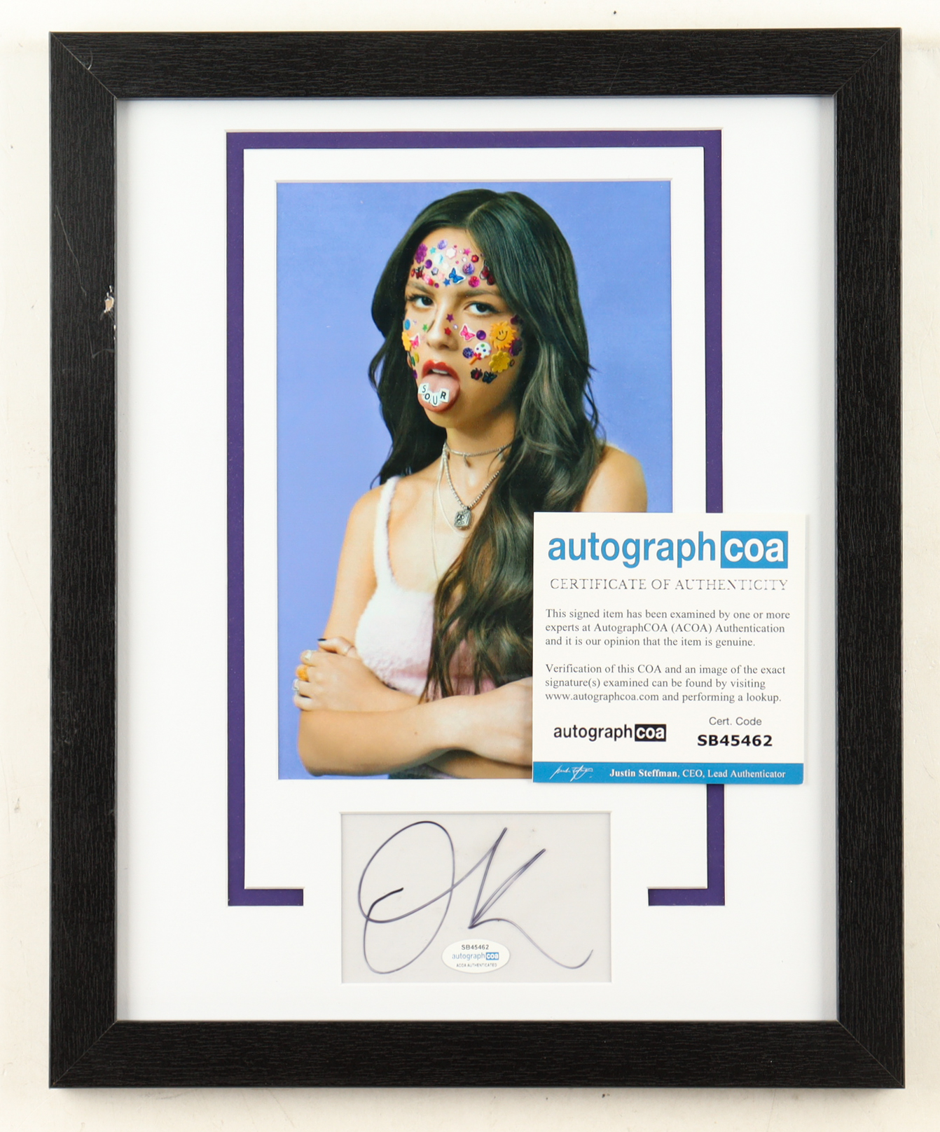 Olivia Rodrigo Signed "Sour" Custom Framed Cut Display (ACOA) at PristineAuction.com Olivia Rodrigo Signed "Sour" Custom Framed Cut Display (ACOA) at PristineAuction.com