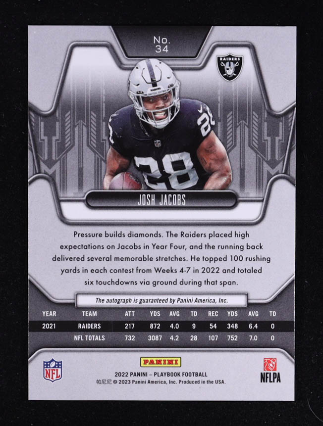 Josh Jacobs 2022 Panini Playbook Signatures Platinum #34 RC #12/25 at PristineAuction.com Josh Jacobs 2022 Panini Playbook Signatures Platinum #34 RC #12/25 at PristineAuction.com