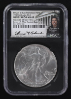 Mint Error 1986-(S) American Silver Eagle $1 Coin Struck at San Francisco Obverse Struck Thru Black Core Holder - Anna Escobedo Cabral Signed Label (NGC MS69) at PristineAuction.com