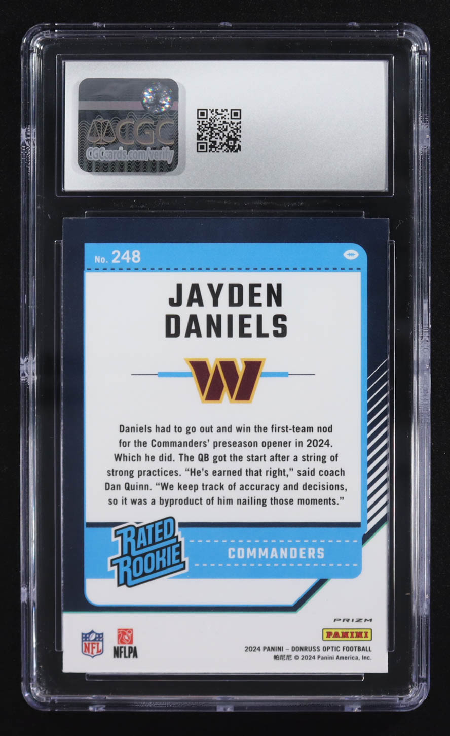 Jayden Daniels 2024 Panini Donruss Optic Stars RR #248 RC (CGC 8) at PristineAuction.com Jayden Daniels 2024 Panini Donruss Optic Stars RR #248 RC (CGC 8) at PristineAuction.com