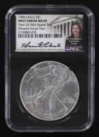 Mint Error 1998 American Silver Eagle $1 Coin Obverse Struck Thru Black Core Holder - Anna Escobedo Cabral Signed Label (NGC MS69) at PristineAuction.com