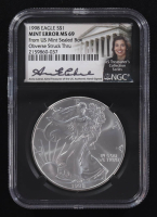 Mint Error 1998 American Silver Eagle $1 Coin Obverse Struck Thru Black Core Holder - Anna Escobedo Cabral Signed Label (NGC MS69) at PristineAuction.com