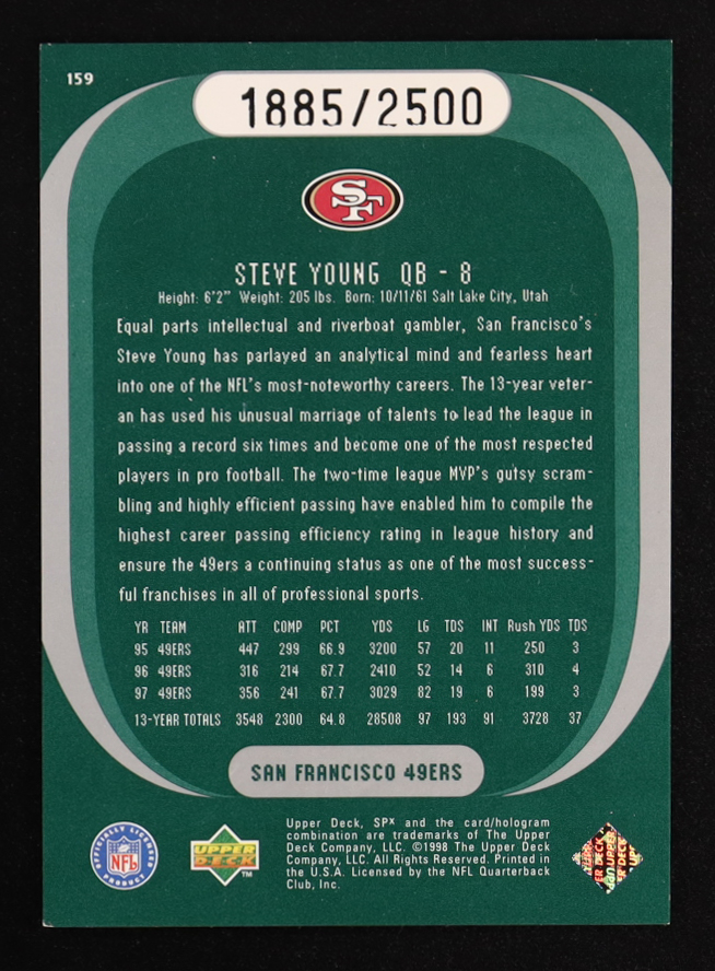 Steve Young 1998 SPx Finite #159 #1885/2500 PE at PristineAuction.com Steve Young 1998 SPx Finite #159 #1885/2500 PE at PristineAuction.com