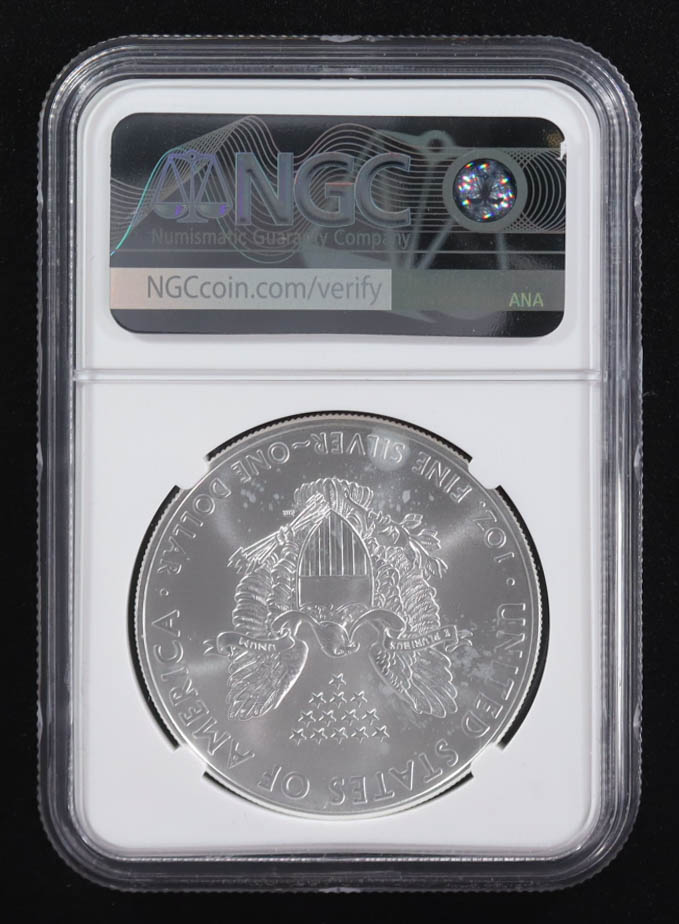 Mint Error 2021 American Silver Eagle $1 Coin Type 1 Obverse Struck Through - David Motl Signed Label (NGC MS69) at PristineAuction.com Mint Error 2021 American Silver Eagle $1 Coin Type 1 Obverse Struck Through - David Motl Signed Label (NGC MS69) at PristineAuction.com