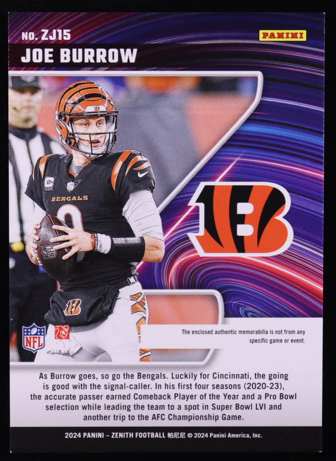 Joe Burrow 2024 Zenith Z Jersey #15 at PristineAuction.com Joe Burrow 2024 Zenith Z Jersey #15 at PristineAuction.com