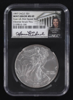 Mint Error 1997 American Silver Eagle $1 Coin Obverse Struck Thru Black Core Holder - Anna Escobedo Cabral Signed Label (NGC MS69) at PristineAuction.com