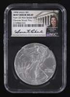 Mint Error 1998 American Silver Eagle $1 Coin Obverse Struck Thru Black Core Holder - Anna Escobedo Cabral Signed Label (NGC MS69) at PristineAuction.com