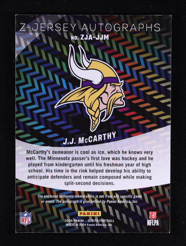 JJ McCarthy 2024 Zenith Z-Jersey Autographs #37 RC #22/99 at PristineAuction.com JJ McCarthy 2024 Zenith Z-Jersey Autographs #37 RC #22/99 at PristineAuction.com