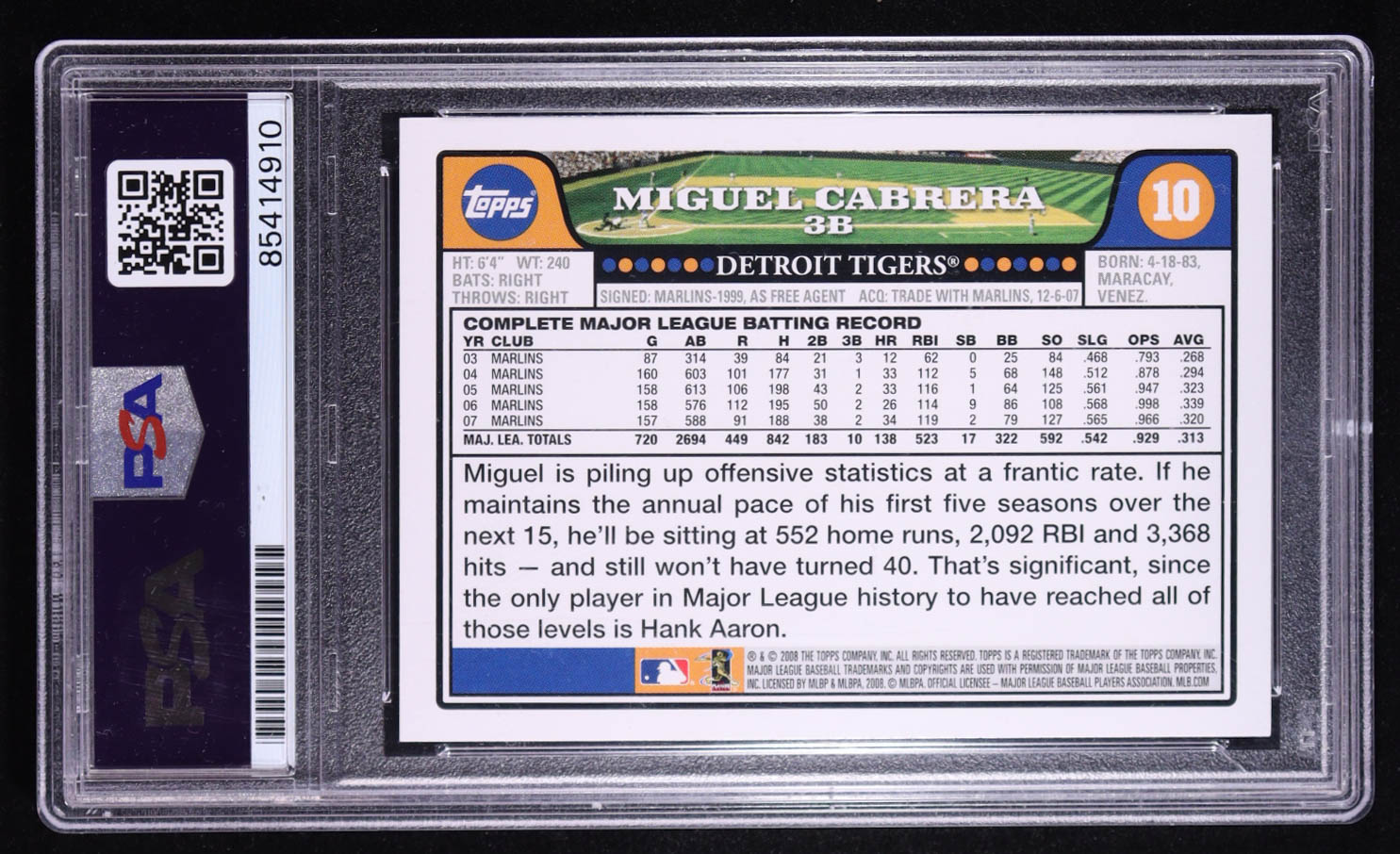 Miguel Cabrera Signed 2008 Topps #10 (PSA Encapsulated) at PristineAuction.com Miguel Cabrera Signed 2008 Topps #10 (PSA Encapsulated) at PristineAuction.com