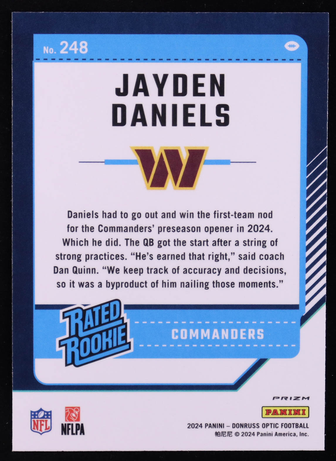 Jayden Daniels 2024 Donruss Optic Pink #248 RR RC at PristineAuction.com Jayden Daniels 2024 Donruss Optic Pink #248 RR RC at PristineAuction.com