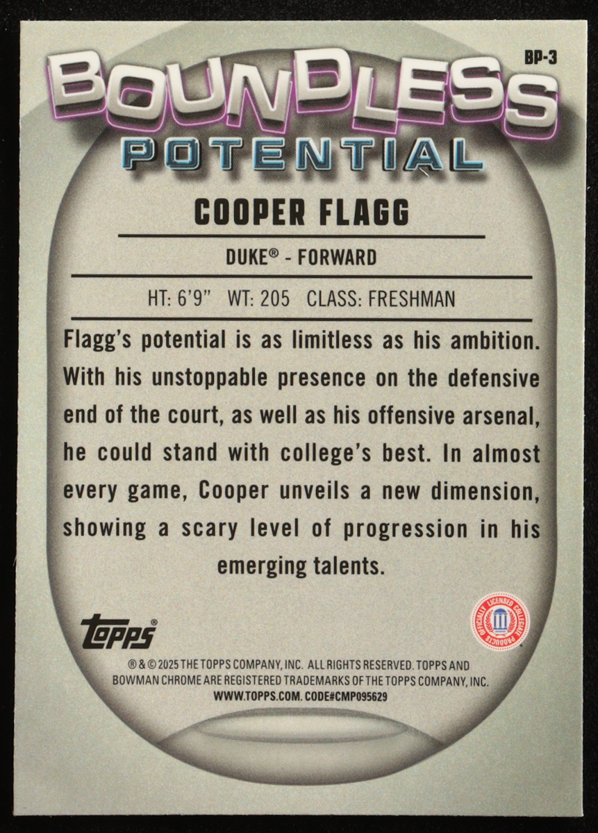 Cooper Flagg 2024-25 Bowman Chrome University Boundless Potential #BP3 RC at PristineAuction.com Cooper Flagg 2024-25 Bowman Chrome University Boundless Potential #BP3 RC at PristineAuction.com