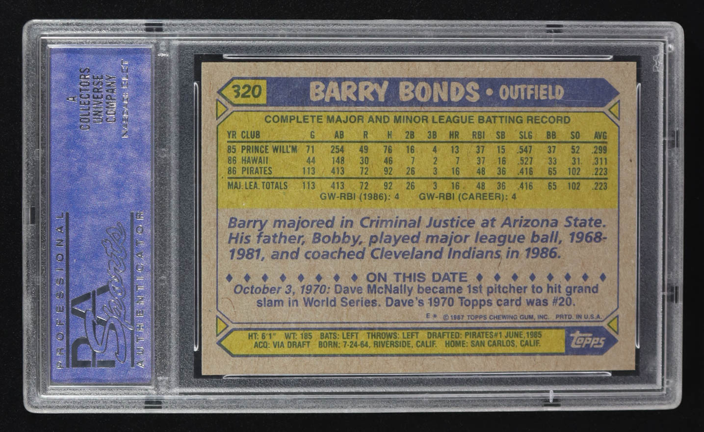 Barry Bonds 1987 Topps #320 RC (PSA 9) at PristineAuction.com Barry Bonds 1987 Topps #320 RC (PSA 9) at PristineAuction.com
