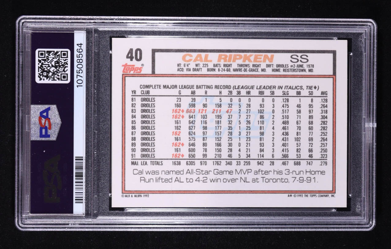 Cal Ripken 1992 Topps #40 (PSA 9) at PristineAuction.com Cal Ripken 1992 Topps #40 (PSA 9) at PristineAuction.com
