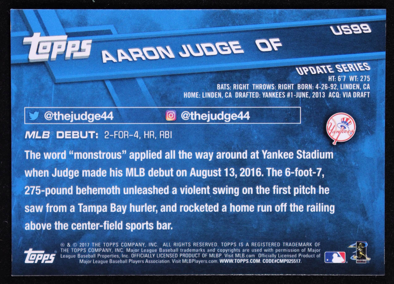 Aaron Judge 2017 Topps Update #US99A RC at PristineAuction.com Aaron Judge 2017 Topps Update #US99A RC at PristineAuction.com