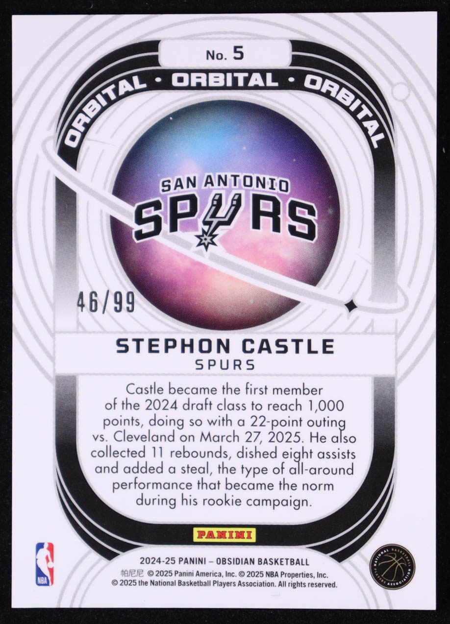 Stephon Castle 2024-25 Panini Obsidian Orbital Electric Etch Orange Flood #5 #46/99 RC at PristineAuction.com Stephon Castle 2024-25 Panini Obsidian Orbital Electric Etch Orange Flood #5 #46/99 RC at PristineAuction.com