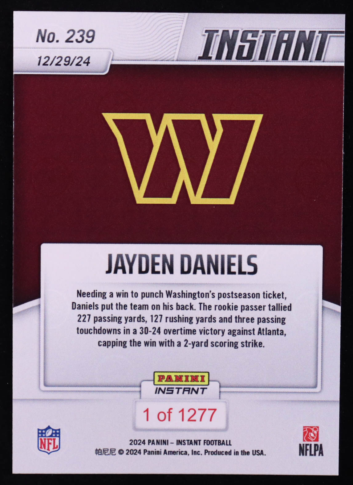 Jayden Daniels 2024 Panini Instant #239 #/1277 RC at PristineAuction.com Jayden Daniels 2024 Panini Instant #239 #/1277 RC at PristineAuction.com