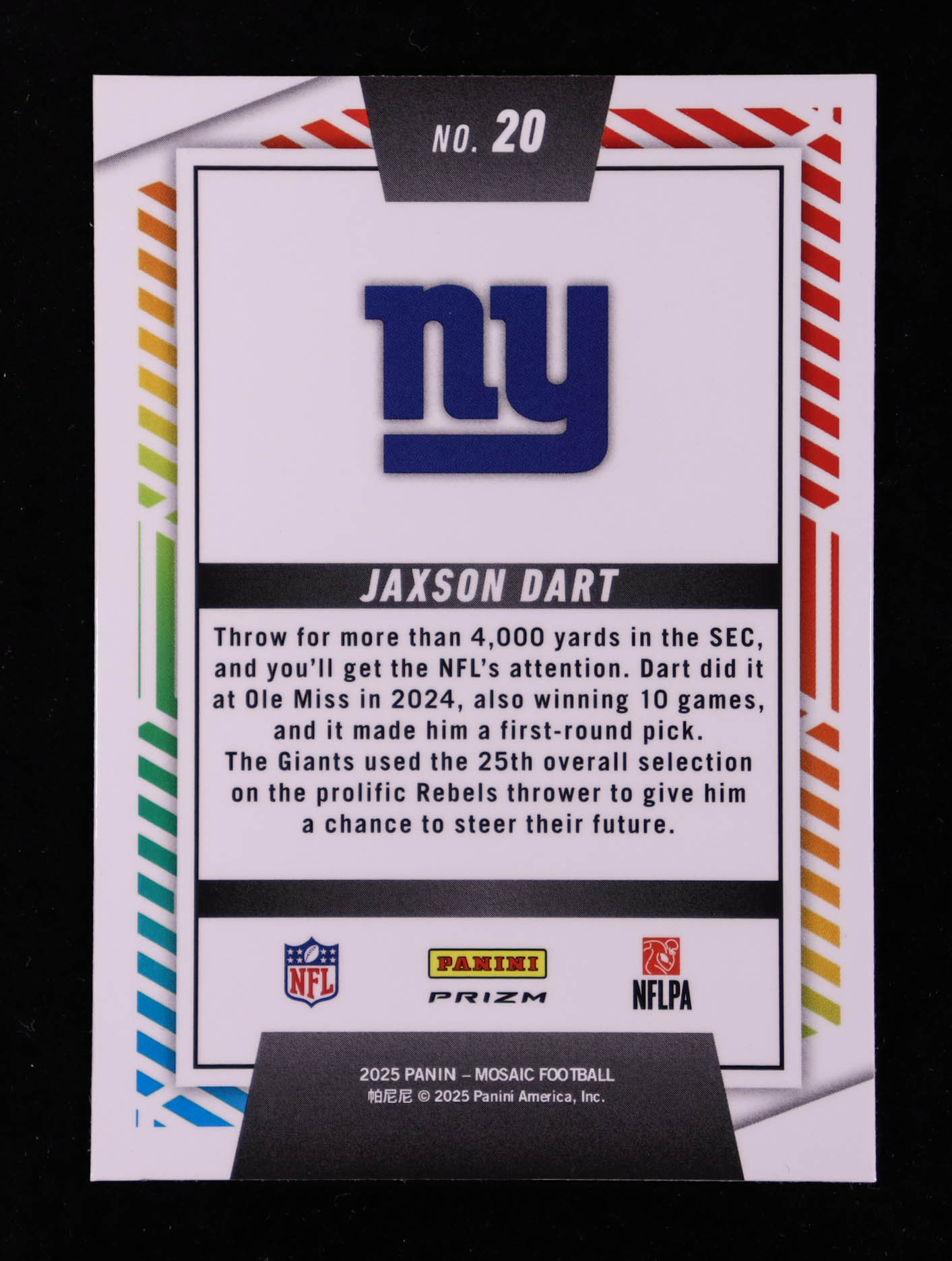 Jaxson Dart 2025 Panini Mosaic Men of Mastery Mosaic #20 RC at PristineAuction.com Jaxson Dart 2025 Panini Mosaic Men of Mastery Mosaic #20 RC at PristineAuction.com