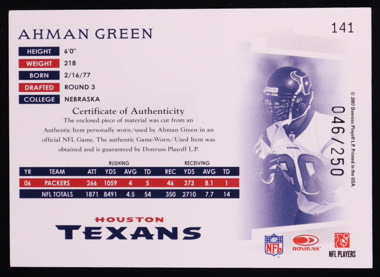 Ahman Green 2007 Donruss Threads Jerseys #141 #046/250 at PristineAuction.com Ahman Green 2007 Donruss Threads Jerseys #141 #046/250 at PristineAuction.com