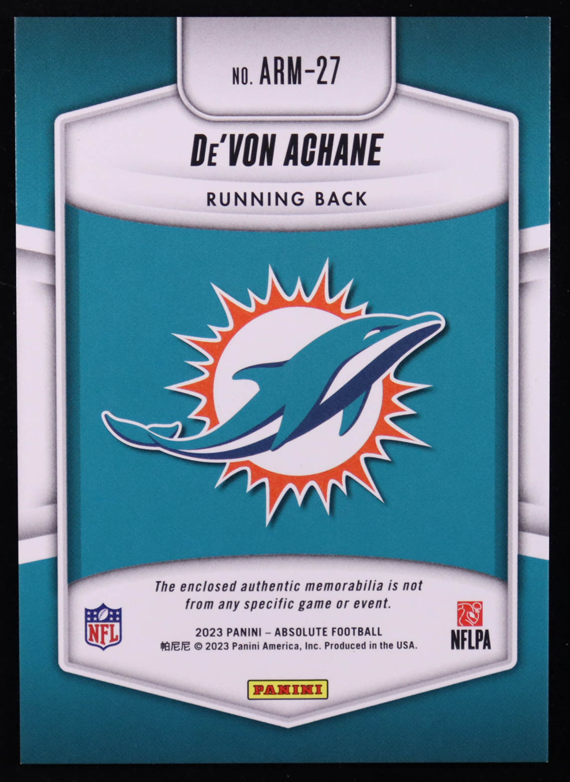 De'Von Achane 2023 Absolute Absolute Rookie Materials #27 RC at PristineAuction.com De'Von Achane 2023 Absolute Absolute Rookie Materials #27 RC at PristineAuction.com