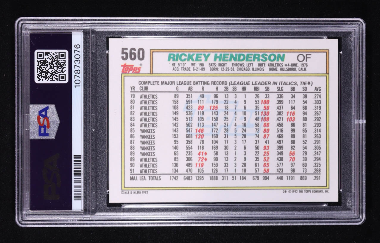 Rickey Henderson 1992 Topps #560 (PSA 9) at PristineAuction.com Rickey Henderson 1992 Topps #560 (PSA 9) at PristineAuction.com