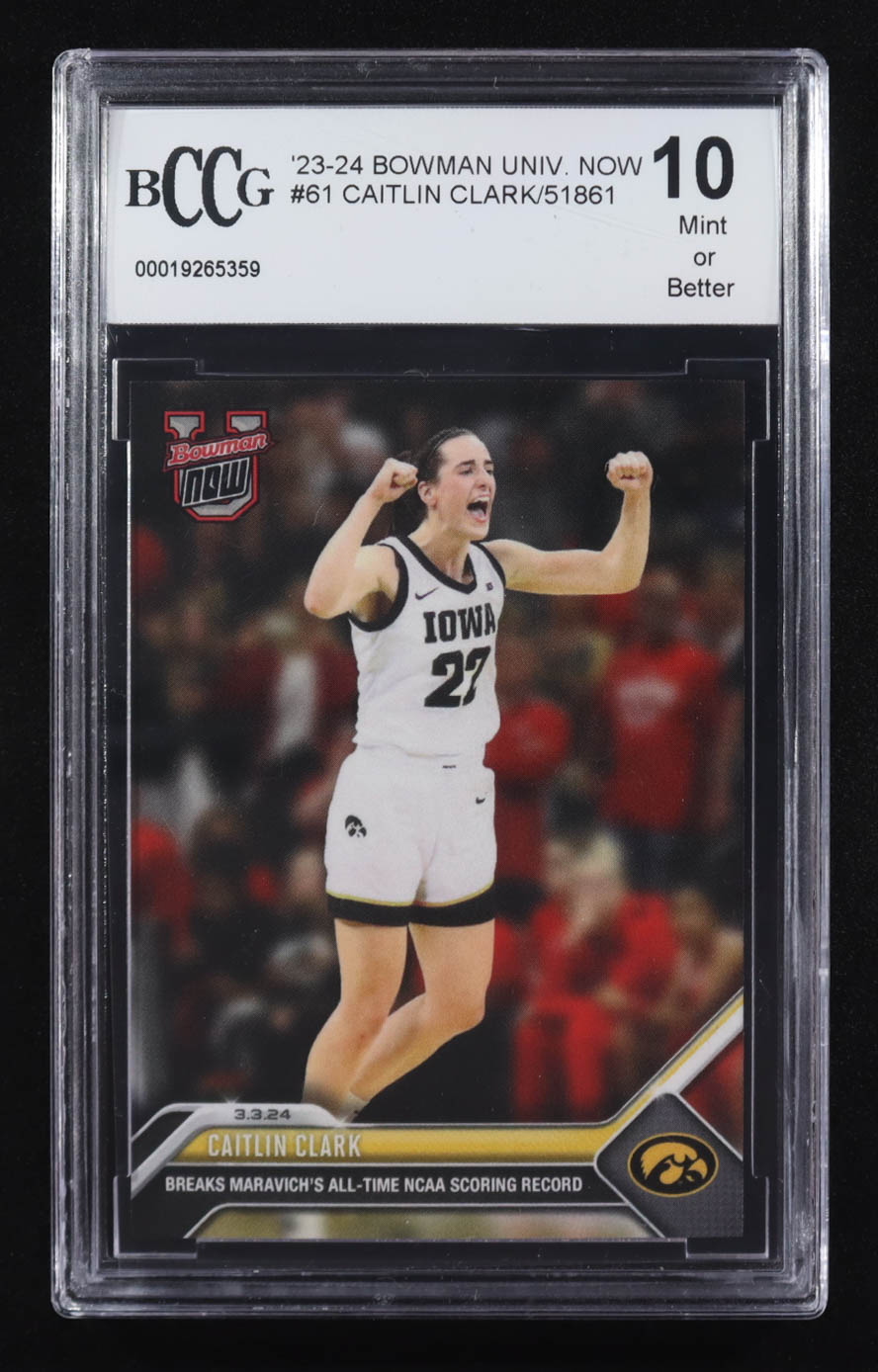 Caitlin Clark 2023-24 Bowman University Now #61 RC (BCCG 10) at PristineAuction.com Caitlin Clark 2023-24 Bowman University Now #61 RC (BCCG 10) at PristineAuction.com