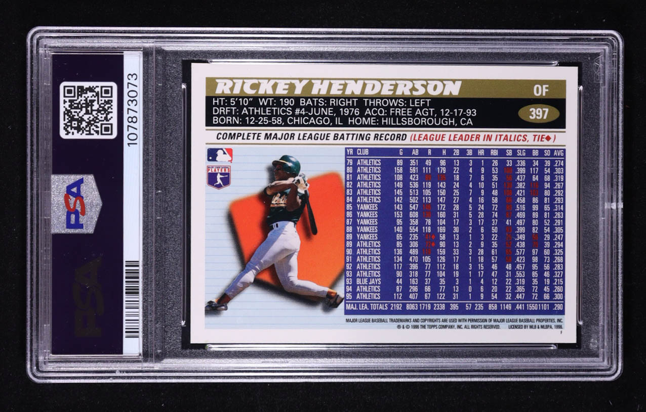 Rickey Henderson 1996 Topps #397 (PSA 8) at PristineAuction.com Rickey Henderson 1996 Topps #397 (PSA 8) at PristineAuction.com
