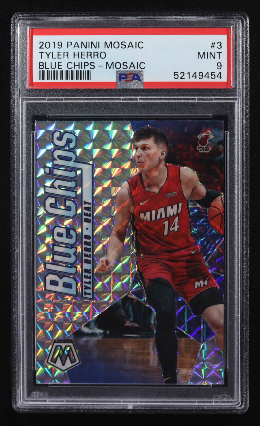 Tyler Herro 2019-20 Panini Mosaic Blue Chips #3 RC (PSA 9) at PristineAuction.com Tyler Herro 2019-20 Panini Mosaic Blue Chips #3 RC (PSA 9) at PristineAuction.com