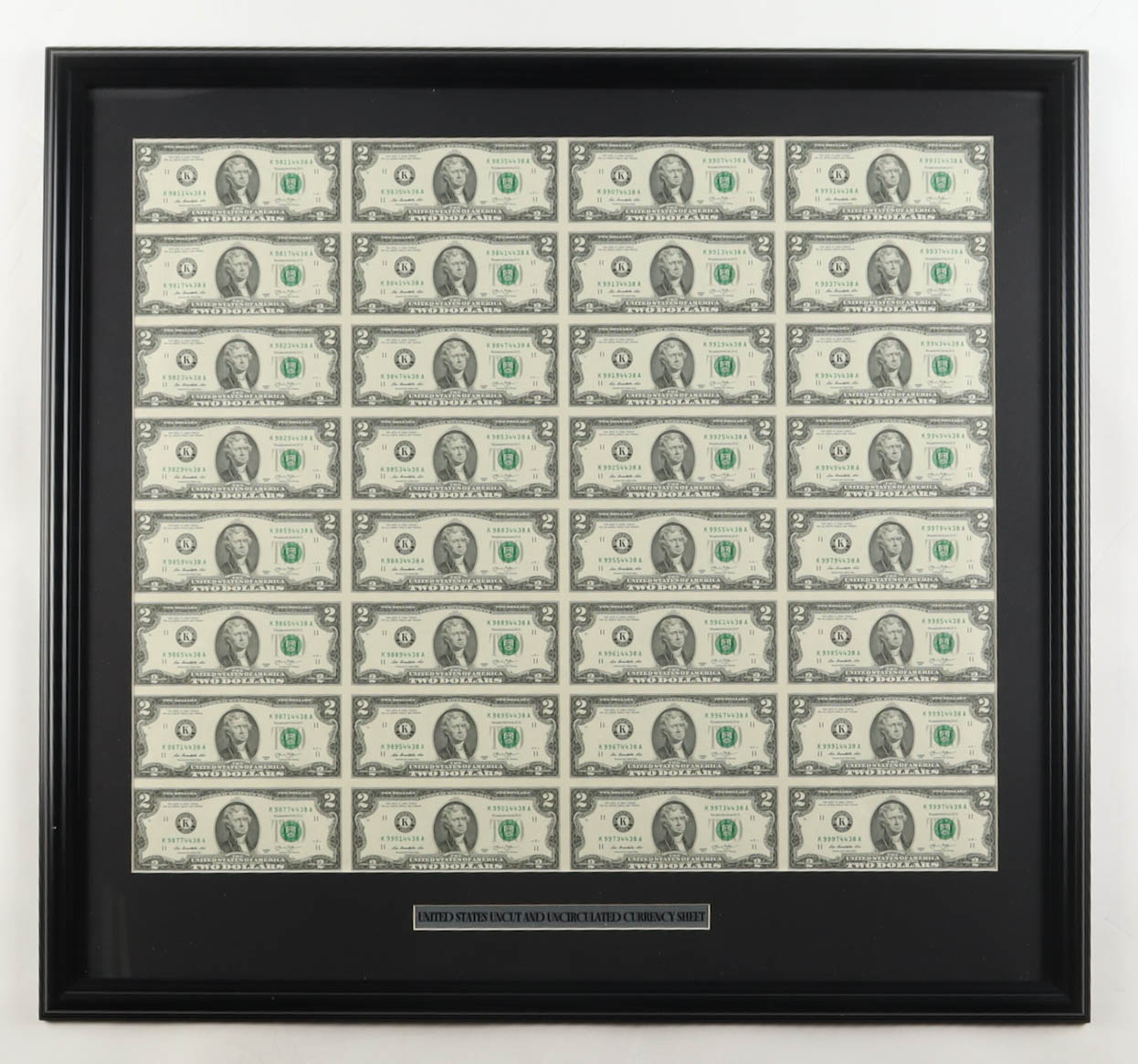 2013 U.S. $2 Dollar Bill Custom Framed Uncut Sheet Of (32) Bills at PristineAuction.com 2013 U.S. $2 Dollar Bill Custom Framed Uncut Sheet Of (32) Bills at PristineAuction.com