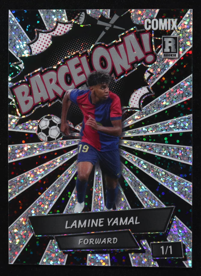 Lamine Yamal 2024 Wild Card Comix Barcelona! Silver Sparkle #LY11 #1/1 RC at PristineAuction.com Lamine Yamal 2024 Wild Card Comix Barcelona! Silver Sparkle #LY11 #1/1 RC at PristineAuction.com