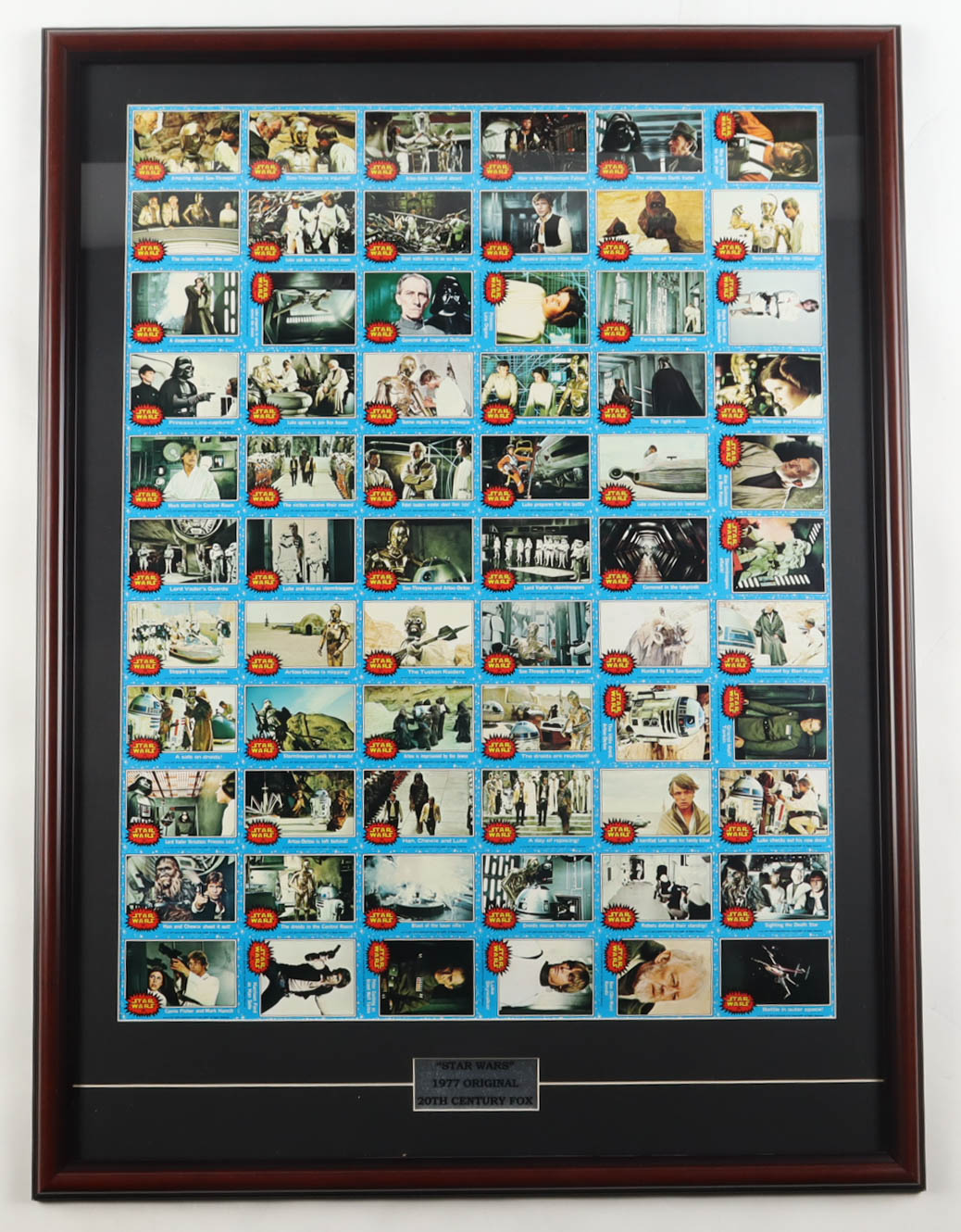 1977 Topps Star Wars Series 1 Complete Set of (66) Uncut Cards Custom Framed Sheet Display with Title Plaque at PristineAuction.com 1977 Topps Star Wars Series 1 Complete Set of (66) Uncut Cards Custom Framed Sheet Display with Title Plaque at PristineAuction.com
