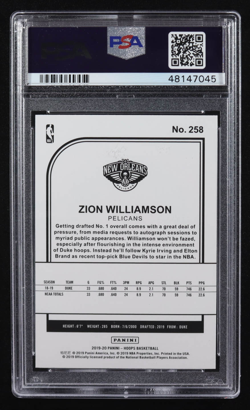Zion Williamson 2019-20 Panini NBA Hoops #258 RC (PSA 9) at PristineAuction.com Zion Williamson 2019-20 Panini NBA Hoops #258 RC (PSA 9) at PristineAuction.com
