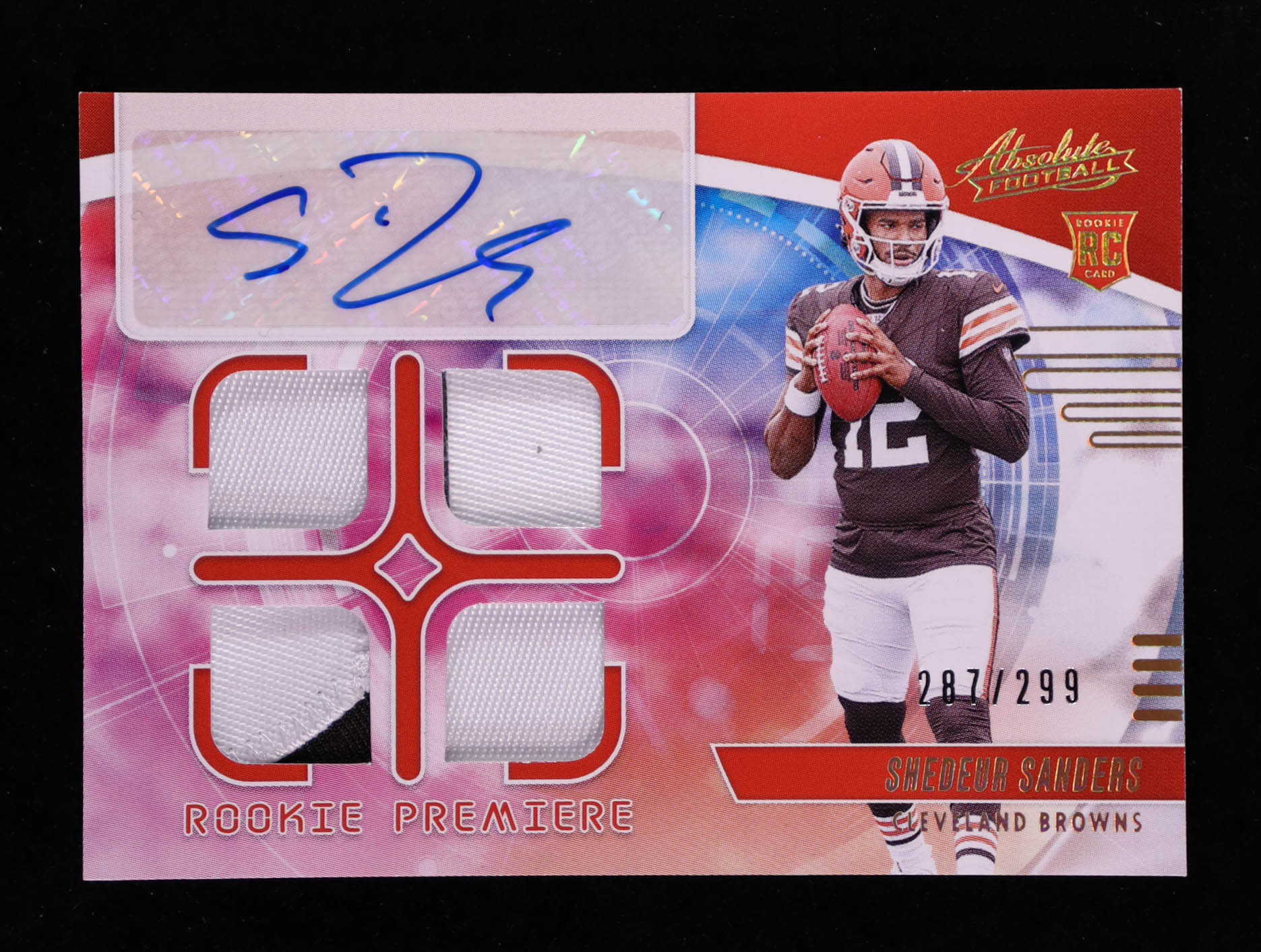 Shedeur Sanders 2025 Absolute Rookie Premiere Materials Autographs Quad #2 RC #287/299 at PristineAuction.com Shedeur Sanders 2025 Absolute Rookie Premiere Materials Autographs Quad #2 RC #287/299 at PristineAuction.com