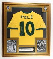 Pele Signed Custom Framed Jersey Display With (2) Team Logo Patches & Mini World Cup Trophy (PSA) at PristineAuction.com