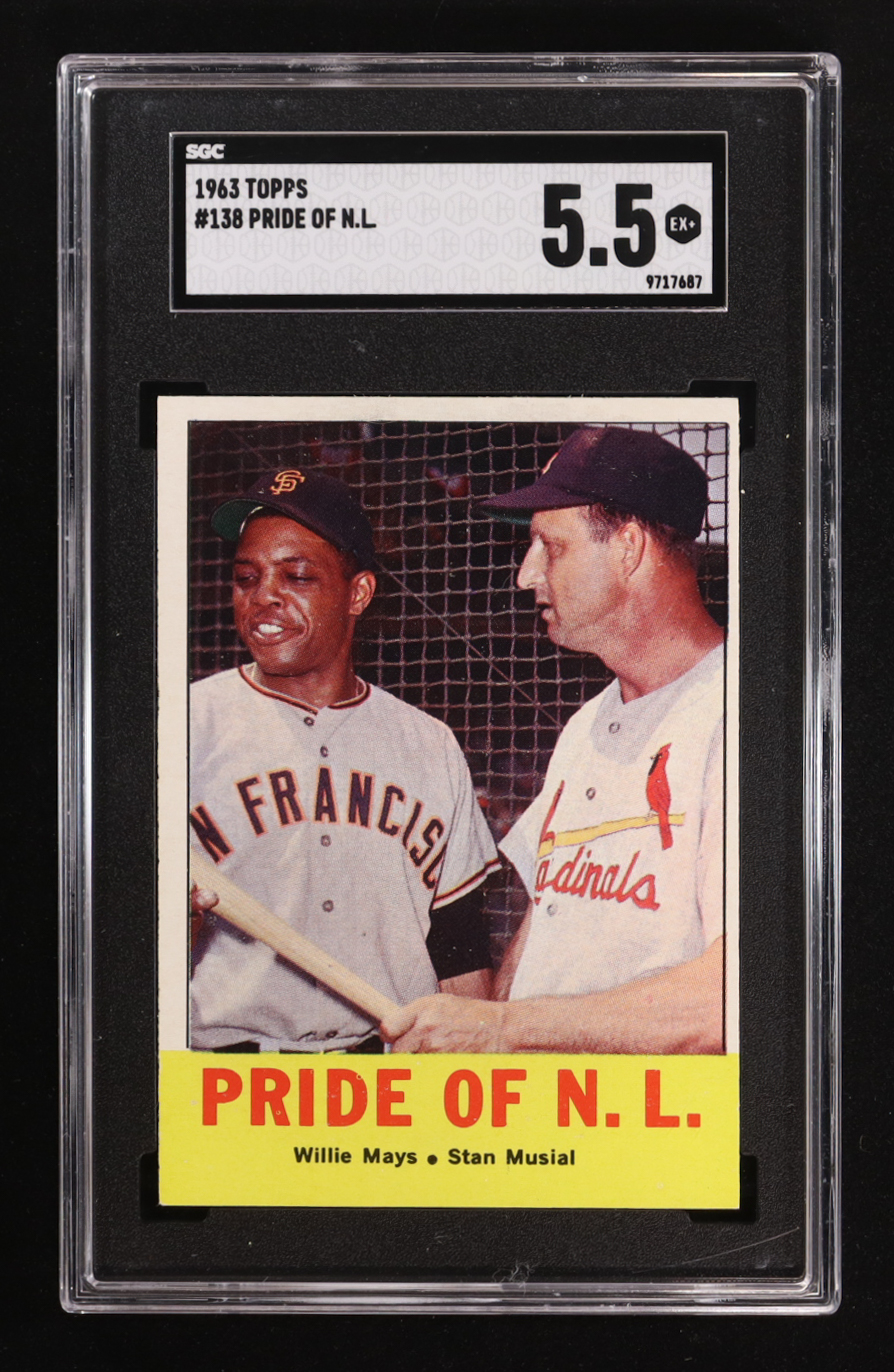 Willie Mays / Stan Musial 1963 Topps #138 / Pride of NL (SGC 5.5) at PristineAuction.com Willie Mays / Stan Musial 1963 Topps #138 / Pride of NL (SGC 5.5) at PristineAuction.com