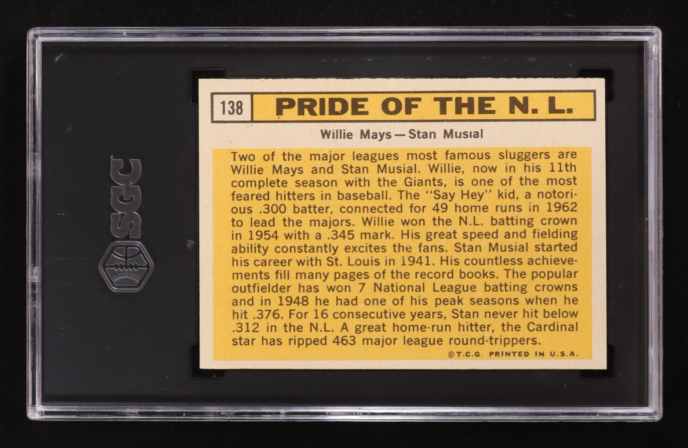 Willie Mays / Stan Musial 1963 Topps #138 / Pride of NL (SGC 5.5) at PristineAuction.com Willie Mays / Stan Musial 1963 Topps #138 / Pride of NL (SGC 5.5) at PristineAuction.com