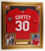 Ken Griffey Jr. Signed  Custom Framed Jersey Display with Media Only Pin & (2) Cloth Team Logo Patches (UDA) at PristineAuction.com